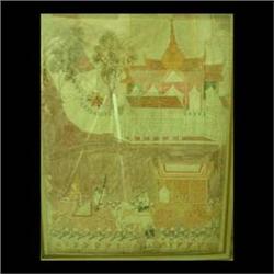 Oil on fabric. Procession. Early 20th century Eastern Indian.  Framed. 35" X 26 1/2" $200-300