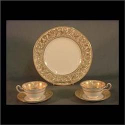 Wedgwood Florentine gold and white china, W4219. Thirty-one wide  rim cups and saucers, seven cups a