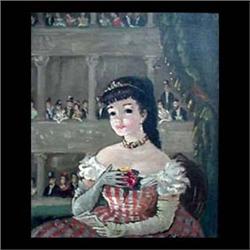 Oil on canvas. A young girl at theatre. Signed M. Valmian, lower  right. Framed. 2 X 1" tears of can
