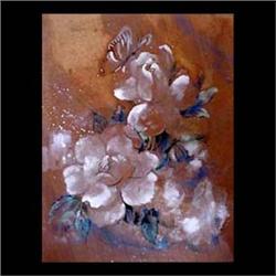 Pair of mixed media. Flora and fauna with Oriental characters and  co-joined mono, lower right. Haro