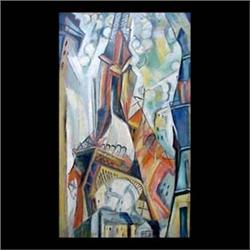 Oil on board. Eiffel Tower. Esther Hont after Robert Delaney.  Framed. Board warped. 26 1/2" X 15 1/