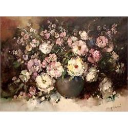 Oil on canvas. Floral still life. Signed P. Morro, lower right.  Ingfried P. Morro-Henze. Framed. 29