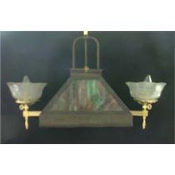Hanging lamp. Red and green four-panel slag glass lamp with metal  frame. Two brass arms support two
