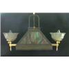 Image 1 : Hanging lamp. Red and green four-panel slag glass lamp with metal  frame. Two brass arms support two