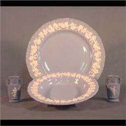 Wedgwood Queensware, white grapes embossed on light blue, scalloped  edge. Eight dinner plates, five