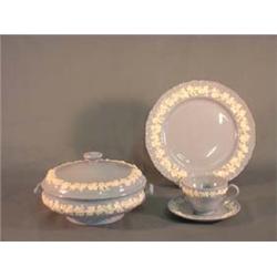 Wedgwood Queensware, white grapes embossed on blue, smooth edge.  Two dinner plates, five luncheon p