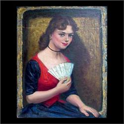 Oil on canvas. Portrait of a lady with a fan. Circa 1940s. Signed  Pels, lower right. Albert Pels. F