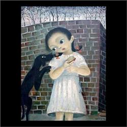 Oil on canvas. A girl and a black dog. Signed Raffy Le Perian,  lower right. Framed. Note yellowed v