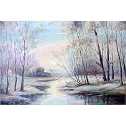 Oil on board. Landscape with creek. Signed W. Wiggam and dated '45,  lower right. Framed. Note scrat