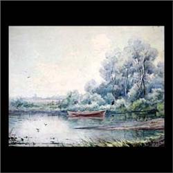 Watercolor on paper. Boat on a lake. Signed F. Hopkinson Smith and  dated '52, lower left. Matted an