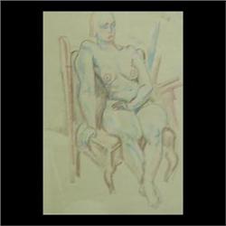 Pastel, pen, and ink on paper. Seated female, nude. William Sommer.  Note some soiling and creasing