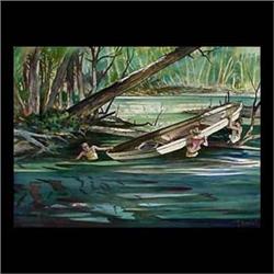 Watercolor on paper. Small boat and men at creek. Signed F. Nadal,  lower right. Matted and framed.