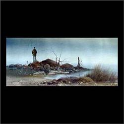 Watercolor on paper. A man fishing. Signed Leach AWS, lower right.  Fred Leach. Matted and framed. 1