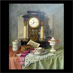 Oil on canvas. Still life with clock, vase, tea cup, and saucer.  Signed Frank Krischke, lower right