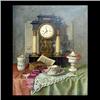 Image 1 : Oil on canvas. Still life with clock, vase, tea cup, and saucer.  Signed Frank Krischke, lower right