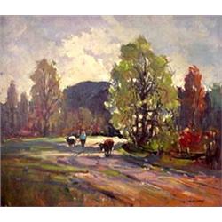 Oil on board. Landscape with a man and two cows. Signed A.P.  Loysen, lower right. Arthur P. Loysen.
