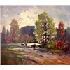 Image 1 : Oil on board. Landscape with a man and two cows. Signed A.P.  Loysen, lower right. Arthur P. Loysen.