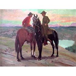 Oil on canvas. Western scene with two soldiers on horses. Signed  Fletcher C. Ransom, lower left. Fr