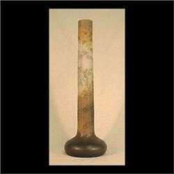 Galle vase. Olive green to lemon yellow background with leaf  decoration throughout. Signed Galle wi