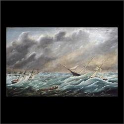 Oil on canvas. Ships at sea. Signed lower right. Xanthus Russell  Smith. Note several areas of in-pa