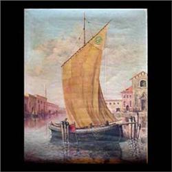 Oil on canvas. Boat at the dock. Signed Aubry and dated 1940, lower  left. Framed. 26 1/4" X 21 1/4"