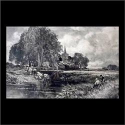 Watercolor on paper. Landscape with cows. After John Constable.  Matted and framed. 13" X 20" $500-7