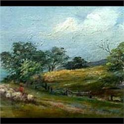 Oil on panel board. Landscape with church and shepherd. Signed  illegibly, lower right. 20th century