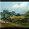 Image 1 : Oil on panel board. Landscape with church and shepherd. Signed  illegibly, lower right. 20th century
