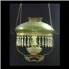 Image 1 : Victorian hanging lamp with green Loetz type shade in a brass  frame. Green shade with applied burga