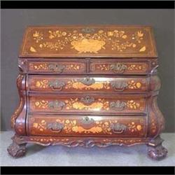 Dutch marquetry slant front writing desk. Heavily inlaid overall  with florals, birds, butterflies,
