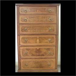 American Victorian side-locking chest. Walnut with burl panels.  Inset raised panel side. Six drawer