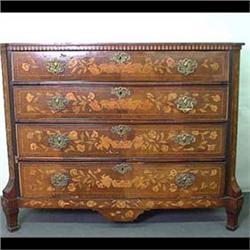 Chest of drawers with marquetry inlays of florals and urns overall.  Note condition, some inlays are