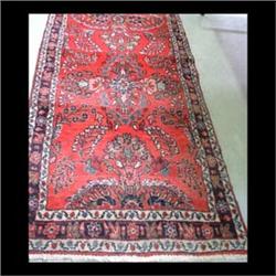 Hamadan Oriental runner. Overall stylized floral design on a red  field. Note rug was used as a stai