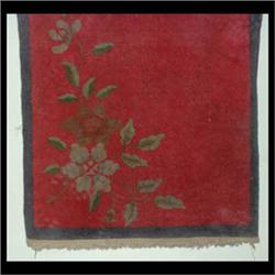 Chinese Oriental mat. Green, gray, and brown florals on a rose  colored open field. 4' 2' $100-150