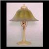 Image 1 : Lamp with gold iridescent art glass shade. Fitter ring has been  ground. 10 1/2" d X 14" h $300-500