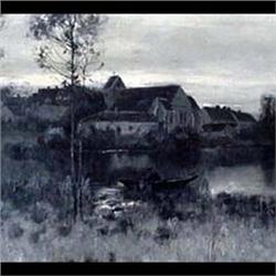 Oil on board. Village scene with a church and a hooded man in a  boat. Signed Bruce Crane, lower lef