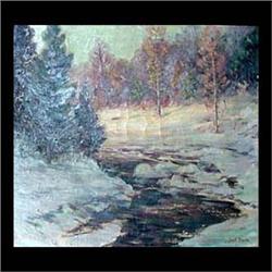 Oil on canvas. Winter landscape. Signed Joseph Frowler, lower  right. Framed. Note several areas of