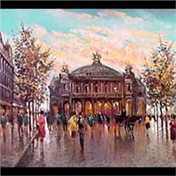 Oil on canvas. Place de L'Opera. Signed illegibly, lower right.  20th century American School. Frame