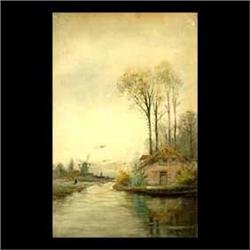 Watercolor on paper. Landscape with house and creek. Signed G.L.  Herdle, lower right. George Linton