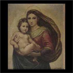 Oil on canvas. Madonna and Child, after Raphael. Circa 1910. Signed  E.V. Comrady, lower right. Fram