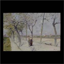 Oil on canvas. Couple on the Quay. Signed lower right. Augusto  Sezanne. Framed. 10" X 15" $200-400