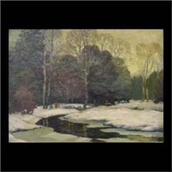 Oil on canvas. Winter landscape with stream. Signed G. Jensen,  lower right. George Jensen. Framed.