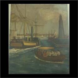 "Buffalo Harbor 1835", oil on canvas laid on panel. Note minor  surface scratches and heavy surface