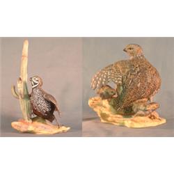 Boehm bird figures. Mearns quail with cactus. #467f, 15"h, signed.  Female with babies. #467c, 7 1/2