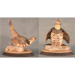 Boehm bird figures. Pair of Ruffed grouse. Unnumbered, signed. Note small break and repair to crest.