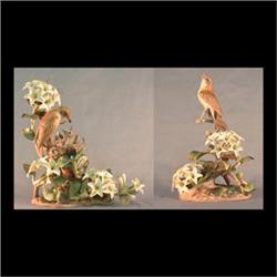 Boehm bird figures. Pair of wood thrush. Male #485, signed. Note  one flower petal has been repaired