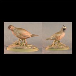 Boehm bird figures. Pair of California quail. #433, signed, with  unattached bases. 8 1/2" h Male, 7