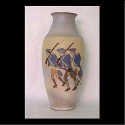 Weller Dickensware vase. Continental soldiers marching. Slightly  out of round. Surface staining. 15