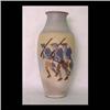 Image 1 : Weller Dickensware vase. Continental soldiers marching. Slightly  out of round. Surface staining. 15