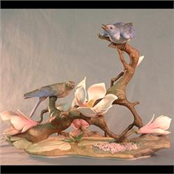 Boehm bird figure. Mountain bluebirds with magnolias. #470, signed. Note minor nick on stem just beh